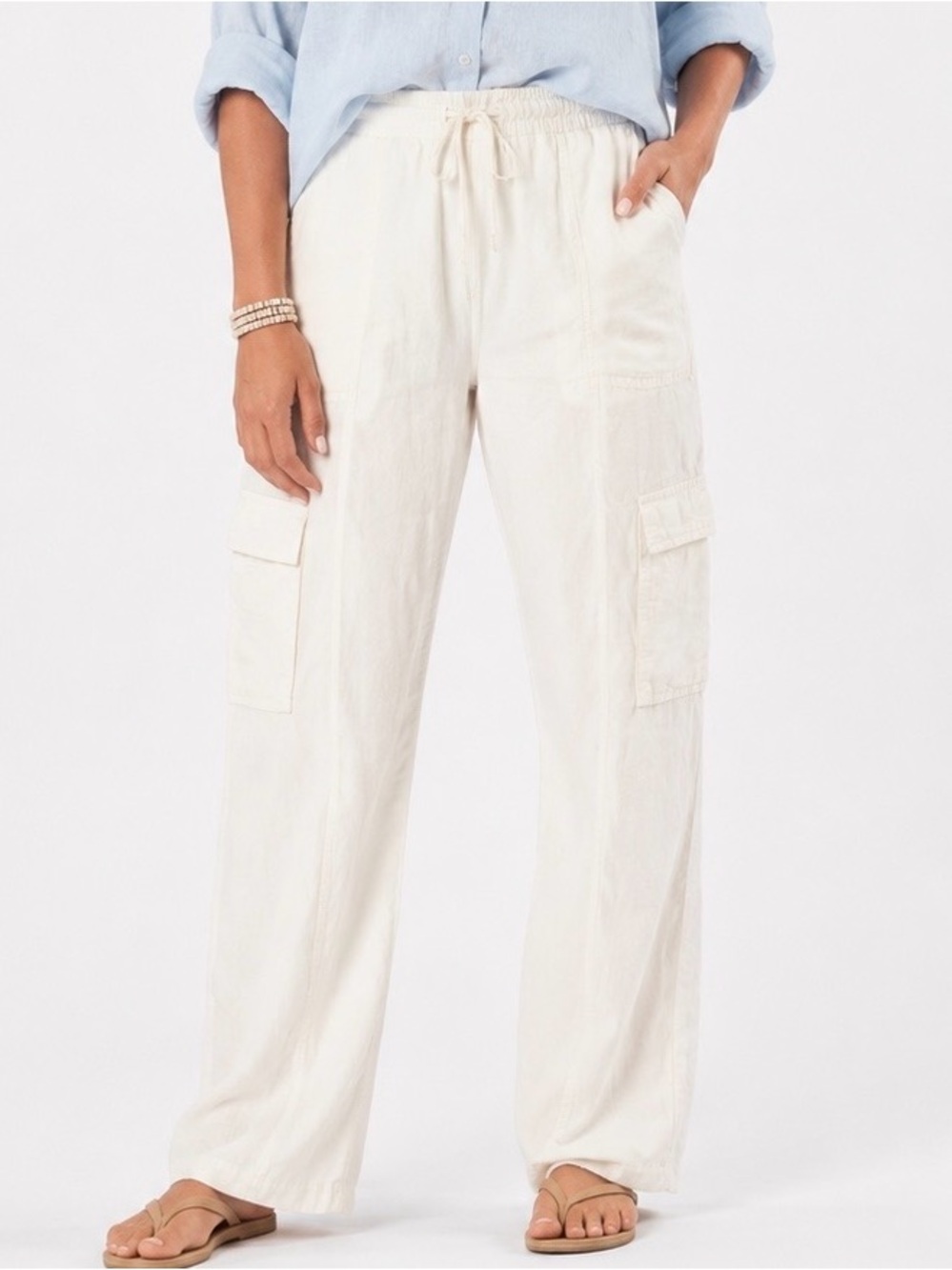 Eileen Fisher White Linen Blend Cargo Pants Size 2 Utility Coastal